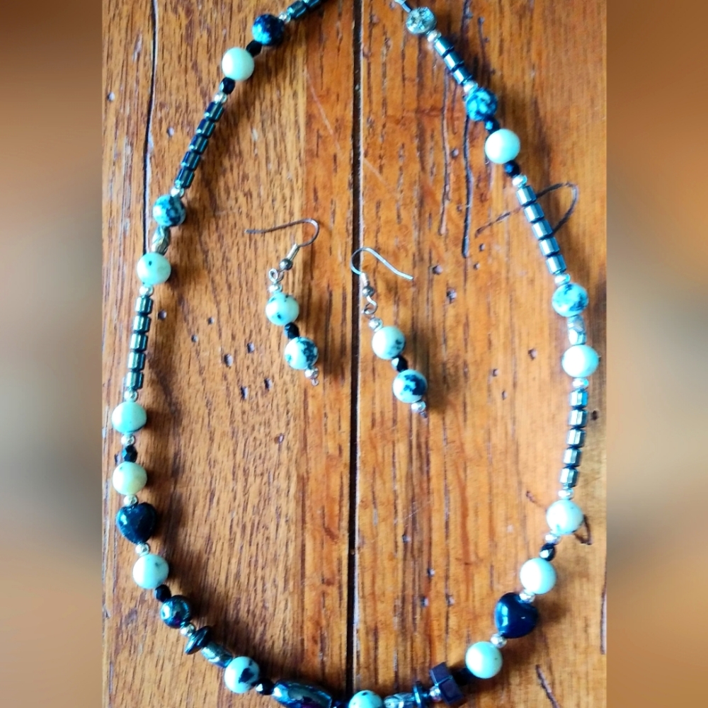Women's Homemade Dalmatian Jasper and silver hemitite Necklace and earring set.